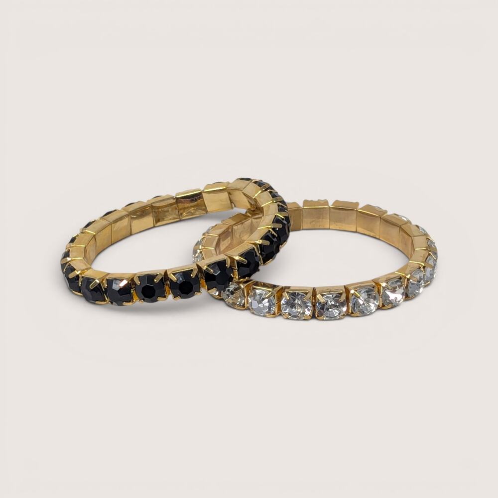 Vintage Gold Tone Black and Clear Rhinestone Stretch Bracelets